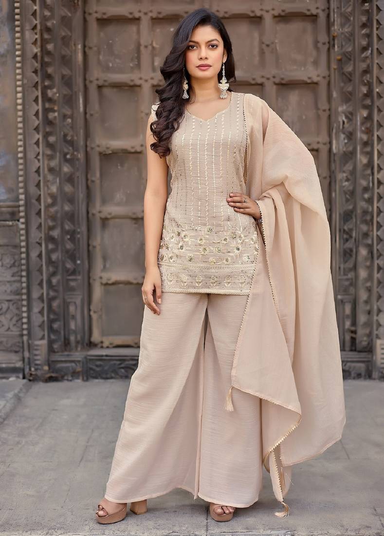 Beige embroidered crunchy silk kurti with plazzo and duppata set