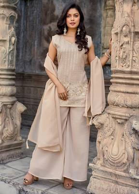 Beige embroidered crunchy silk kurti with plazzo and duppata set 4