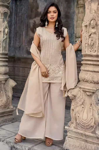 Beige embroidered crunchy silk kurti with plazzo and duppata set