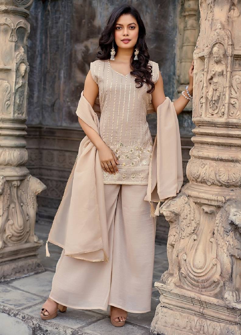 Beige embroidered crunchy silk kurti with plazzo and duppata set