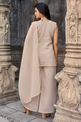 Beige embroidered crunchy silk kurti with plazzo and duppata set