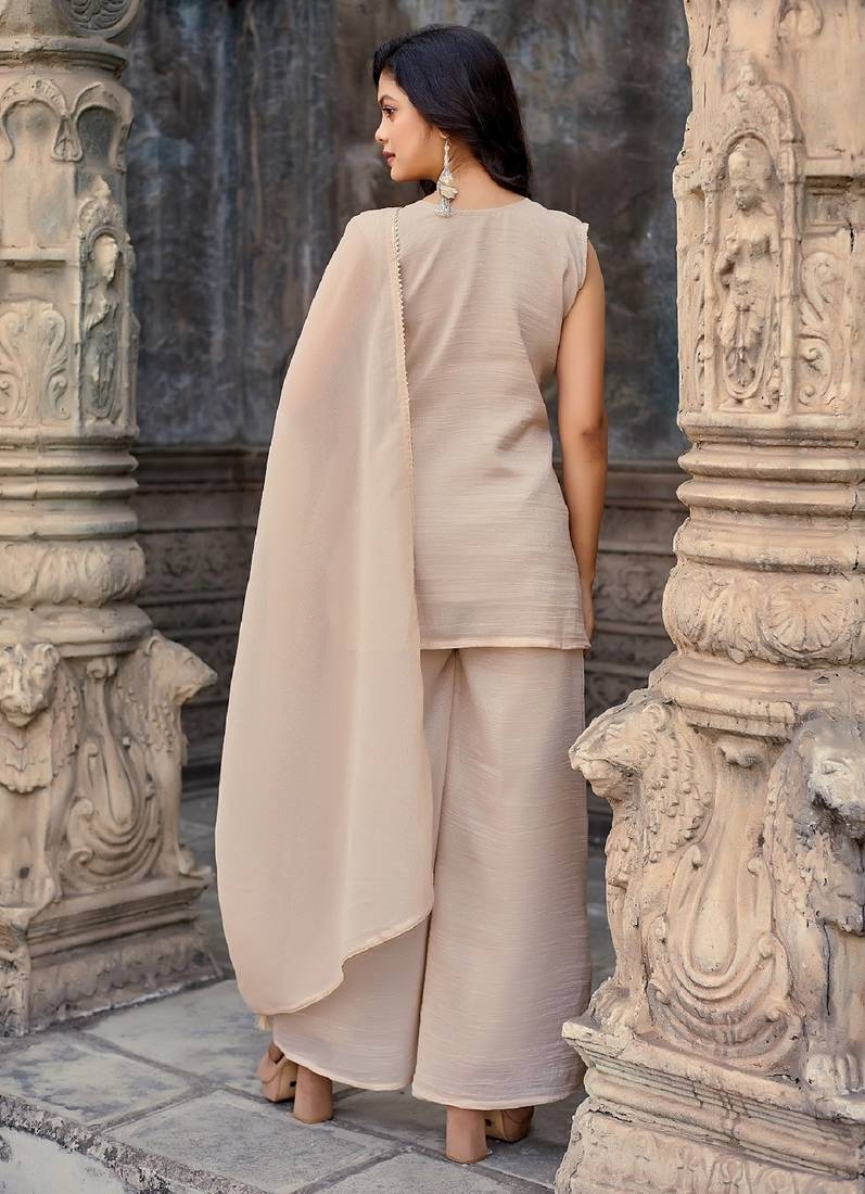 Beige embroidered crunchy silk kurti with plazzo and duppata set