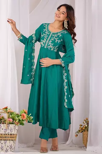 Rama embroidered vichitra  silk kurti with pant and duppata set