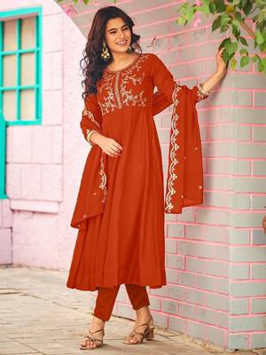 Orange embroidered vichitra  silk kurti with pant and duppata set 1