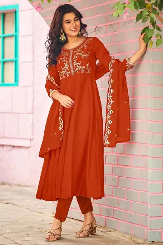 Orange embroidered vichitra  silk kurti with pant and duppata set