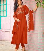 Orange embroidered vichitra  silk kurti with pant and duppata set
