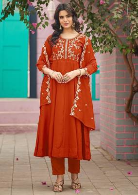Orange embroidered vichitra  silk kurti with pant and duppata set 2