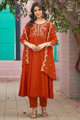 Orange embroidered vichitra  silk kurti with pant and duppata set