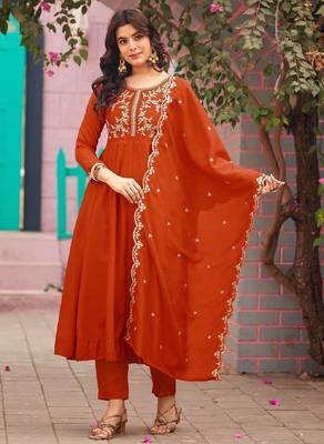 Orange embroidered vichitra  silk kurti with pant and duppata set 3