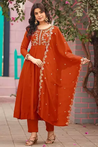 Orange embroidered vichitra  silk kurti with pant and duppata set