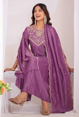 Lavender embroidered vichitra  silk kurti with pant and duppata set 1