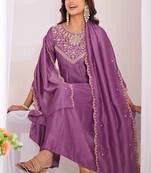 Lavender embroidered vichitra  silk kurti with pant and duppata set