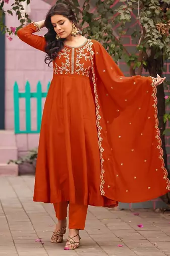 Orange embroidered vichitra  silk kurti with pant and duppata set