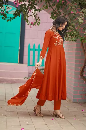 Orange embroidered vichitra  silk kurti with pant and duppata set