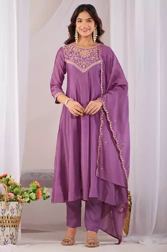 Lavender embroidered vichitra  silk kurti with pant and duppata set