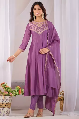 Lavender embroidered vichitra  silk kurti with pant and duppata set