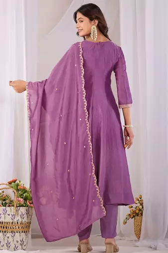 Lavender embroidered vichitra  silk kurti with pant and duppata set