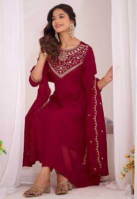 Maroon embroidered vichitra  silk kurti with pant and duppata set 1