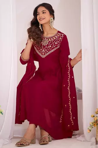 Maroon embroidered vichitra  silk kurti with pant and duppata set