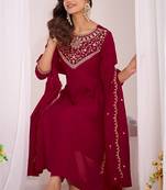 Maroon embroidered vichitra  silk kurti with pant and duppata set