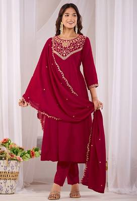Maroon embroidered vichitra  silk kurti with pant and duppata set 2