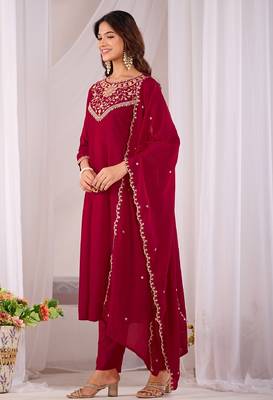 Maroon embroidered vichitra  silk kurti with pant and duppata set 3