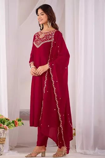 Maroon embroidered vichitra  silk kurti with pant and duppata set