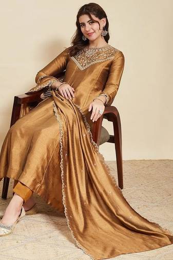 Brown embroidered vichitra  silk kurti with pant and duppata set