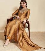 Brown embroidered vichitra  silk kurti with pant and duppata set