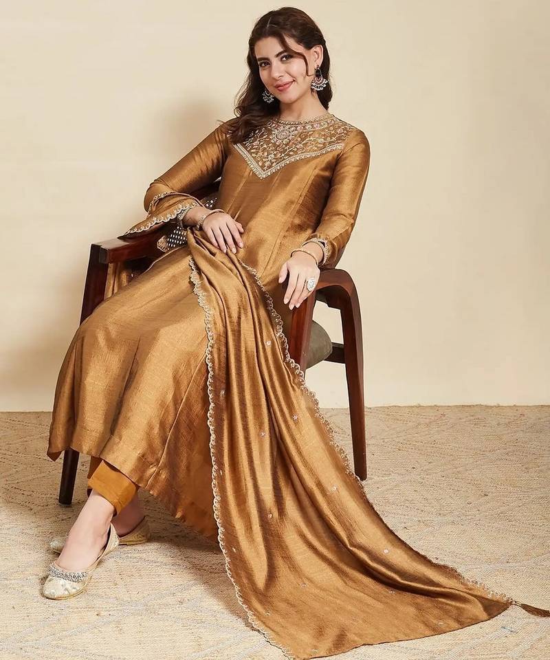 Brown embroidered vichitra  silk kurti with pant and duppata set