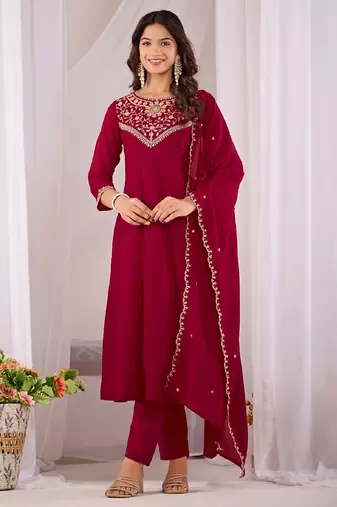 Maroon embroidered vichitra  silk kurti with pant and duppata set