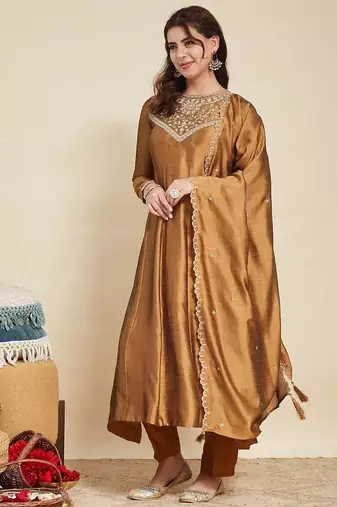 Brown embroidered vichitra  silk kurti with pant and duppata set