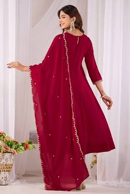 Maroon embroidered vichitra  silk kurti with pant and duppata set 5