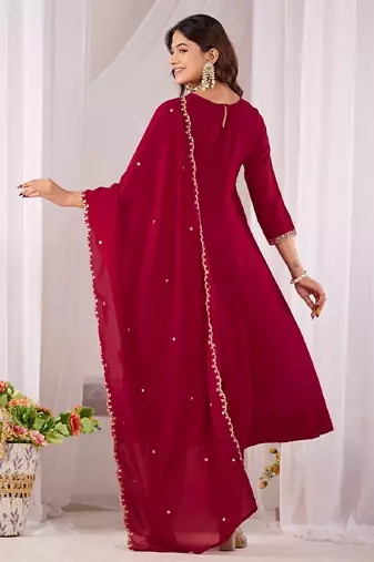 Maroon embroidered vichitra  silk kurti with pant and duppata set