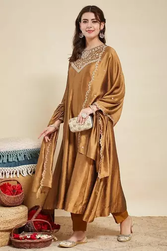 Brown embroidered vichitra  silk kurti with pant and duppata set