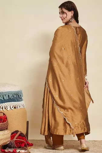 Brown embroidered vichitra  silk kurti with pant and duppata set