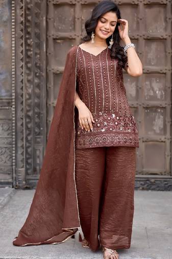 Brown embroidered crunchy silk kurti with plazzo and duppata set
