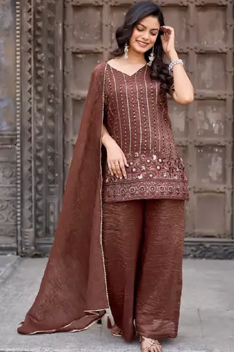 Brown embroidered crunchy silk kurti with plazzo and duppata set