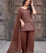 Brown embroidered crunchy silk kurti with plazzo and duppata set