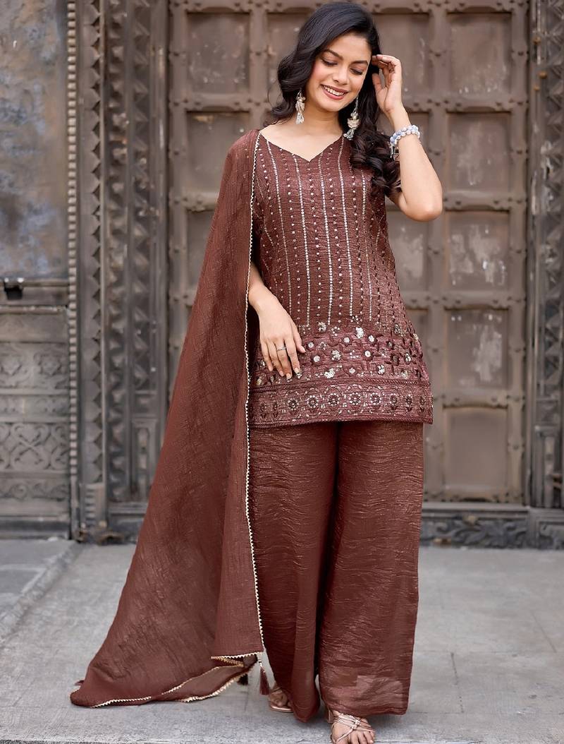 Brown embroidered crunchy silk kurti with plazzo and duppata set