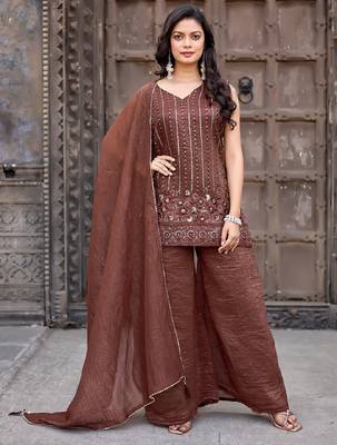 Brown embroidered crunchy silk kurti with plazzo and duppata set 2