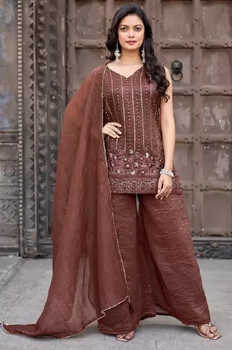 Brown embroidered crunchy silk kurti with plazzo and duppata set