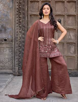 Brown embroidered crunchy silk kurti with plazzo and duppata set 3