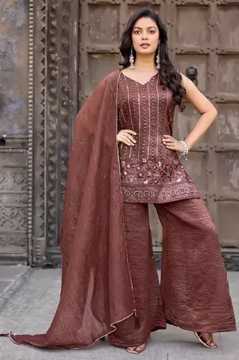 Brown embroidered crunchy silk kurti with plazzo and duppata set