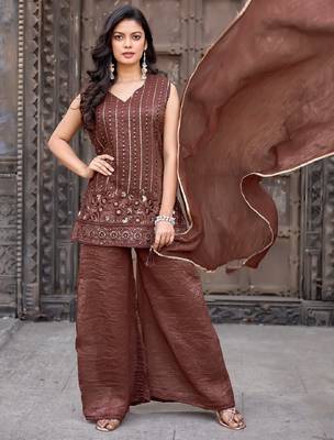 Brown embroidered crunchy silk kurti with plazzo and duppata set 4