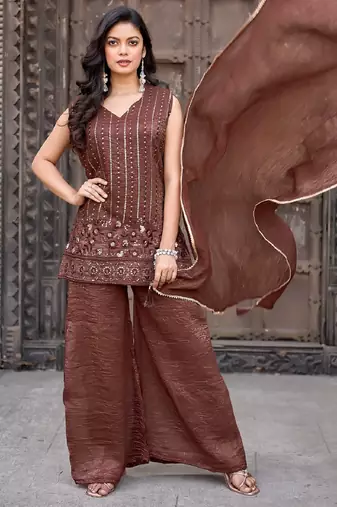 Brown embroidered crunchy silk kurti with plazzo and duppata set