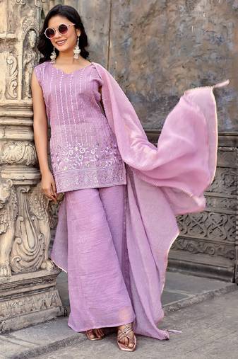 Lavender embroidered crunchy silk kurti with plazzo and duppata set