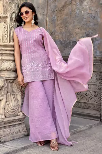 Lavender embroidered crunchy silk kurti with plazzo and duppata set