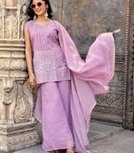 Lavender embroidered crunchy silk kurti with plazzo and duppata set