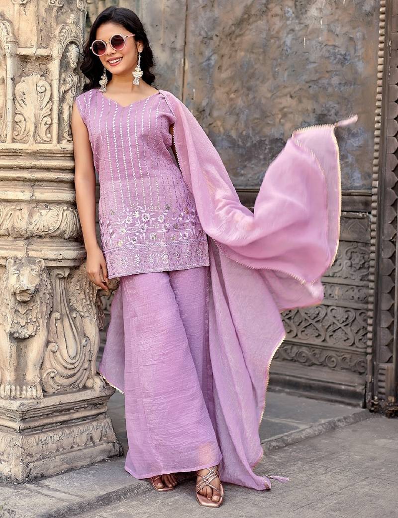 Lavender embroidered crunchy silk kurti with plazzo and duppata set